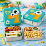 KidKart India Fun Dino Theme Stainless Steel Bento Lunch Box for School, 3-Compartment, Sauce Jar & a Spoon, Leak-Proof with Seal-Ring Design & Multiple Lock-Design Tiffin, Air-Tight