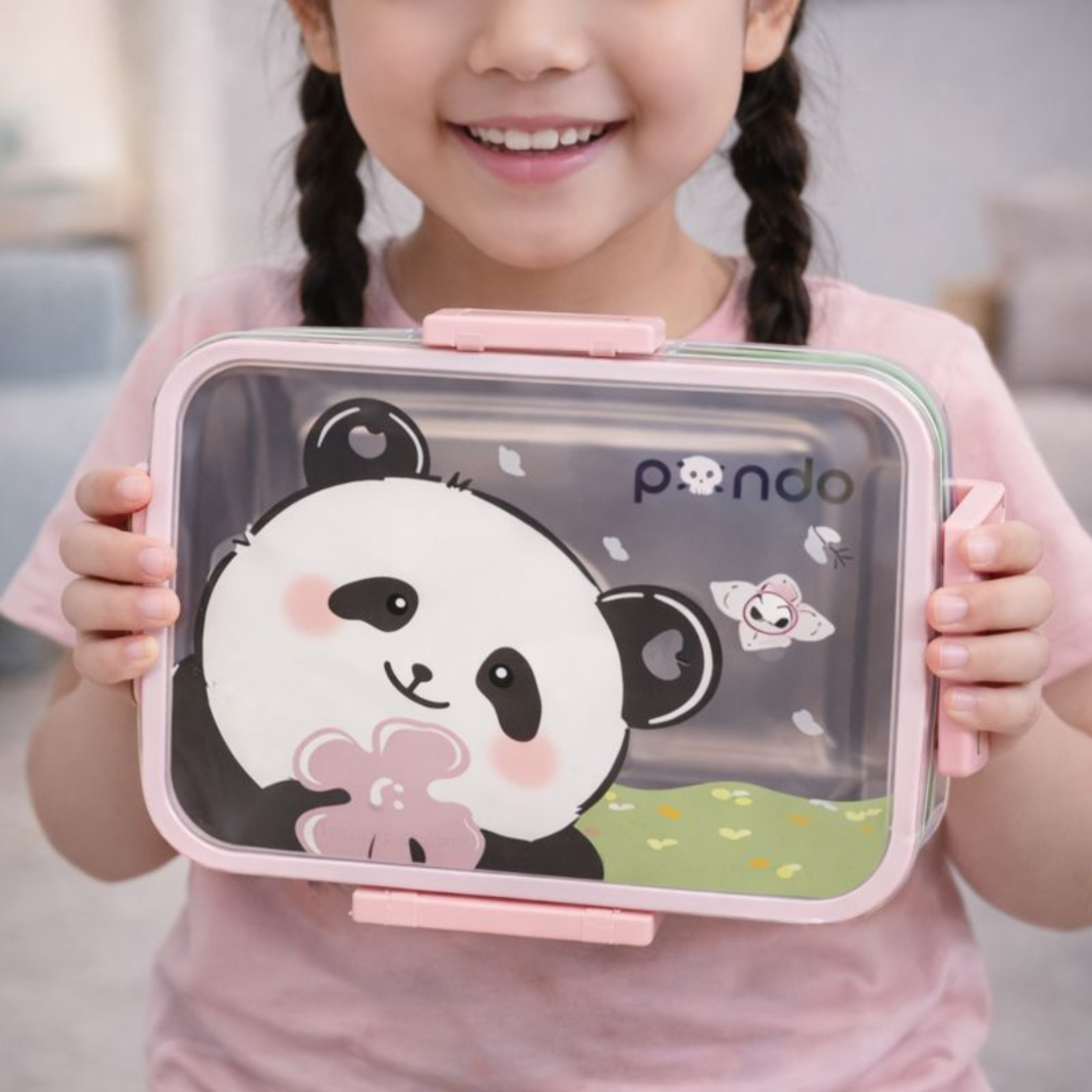 change background and kid hold a product in hand and size 13501350 and kid model change (2) KidKart India Stupefying Panda Cartoon Printed Stainless Steel Container Lunch Box 1 Containers Stainless Steel School Lunch Box - Image 1